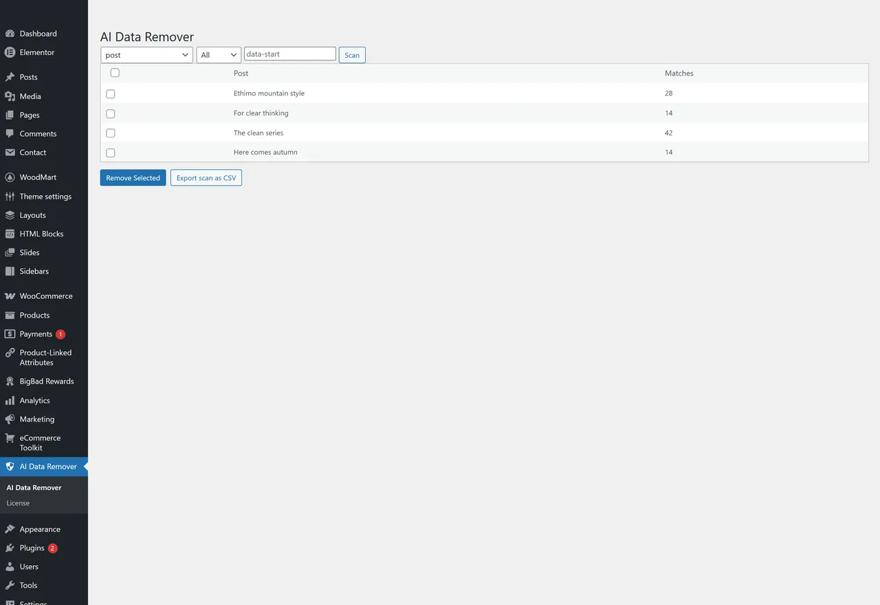 AI Data Remover – SEO Cleanup Tool — real WordPress admin screen