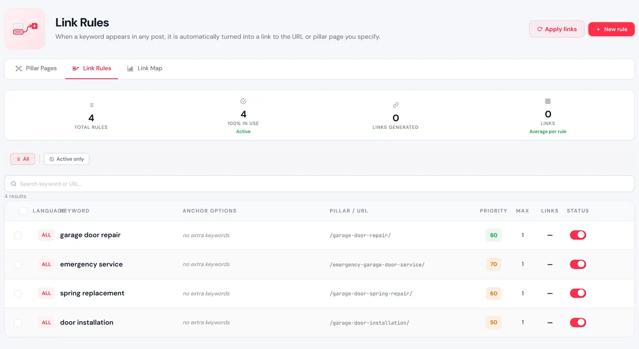BBA Internal Link Machine — real WordPress admin screen