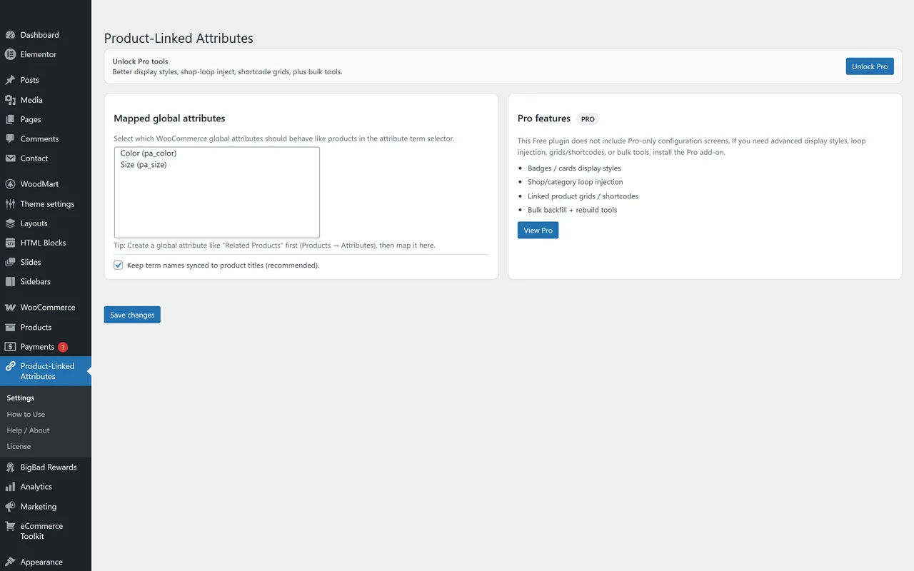 Product-Linked Attributes Mapper for WooCommerce — real WordPress admin screen