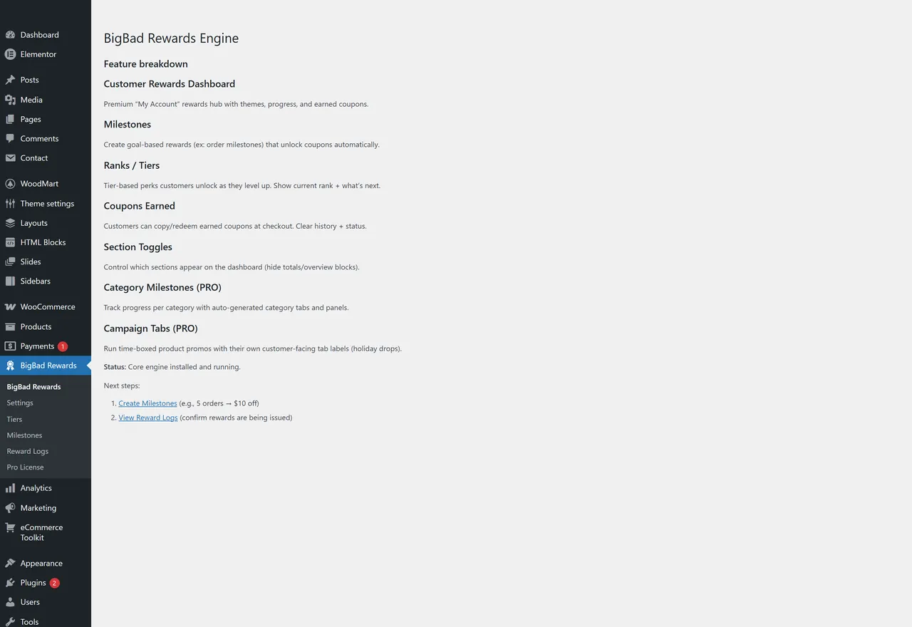 Rewards Engine — real WordPress admin screen