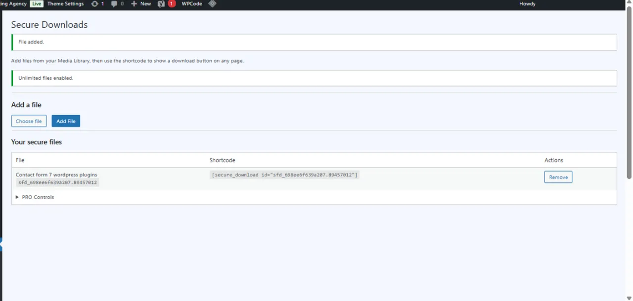 Secure File Downloads — real WordPress admin screen