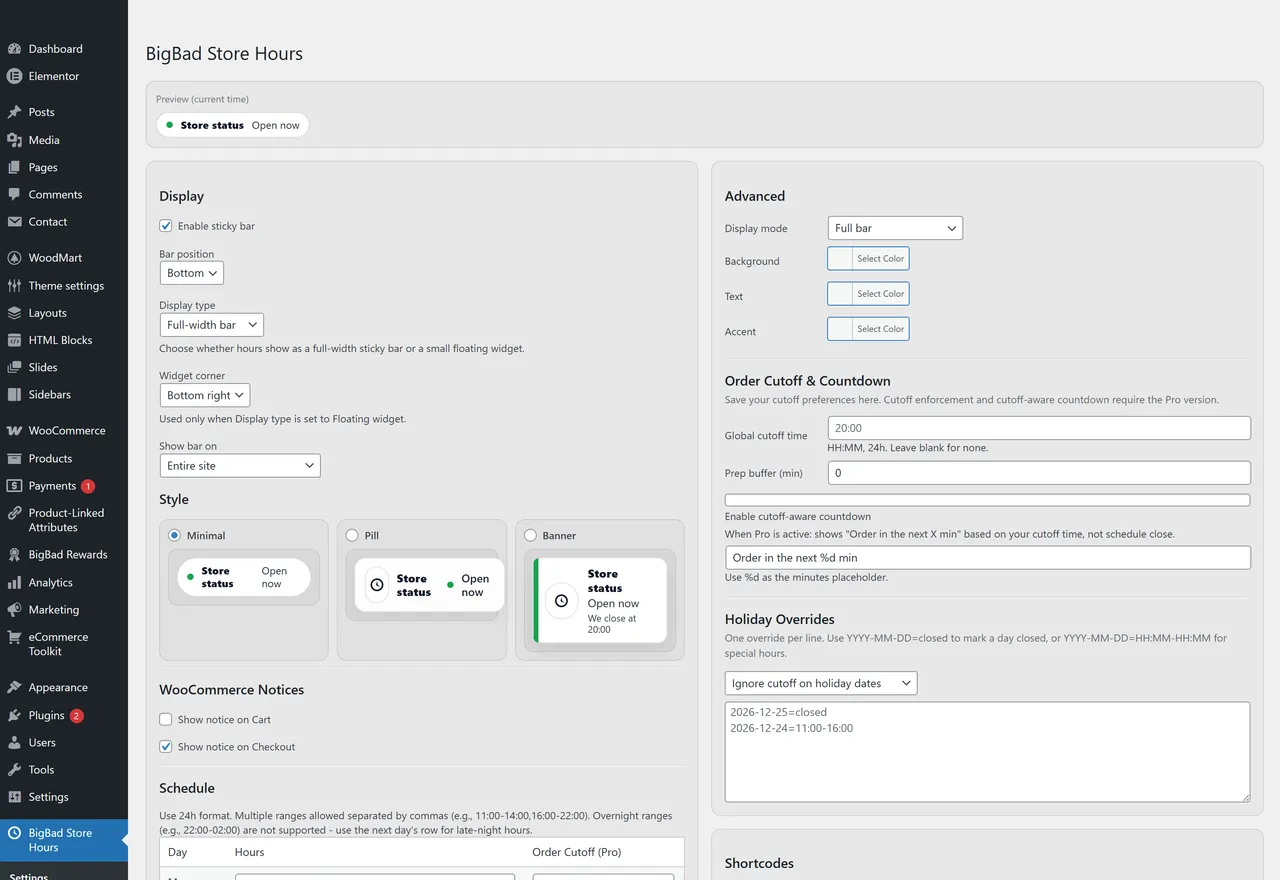 Store Hours — real WordPress admin screen