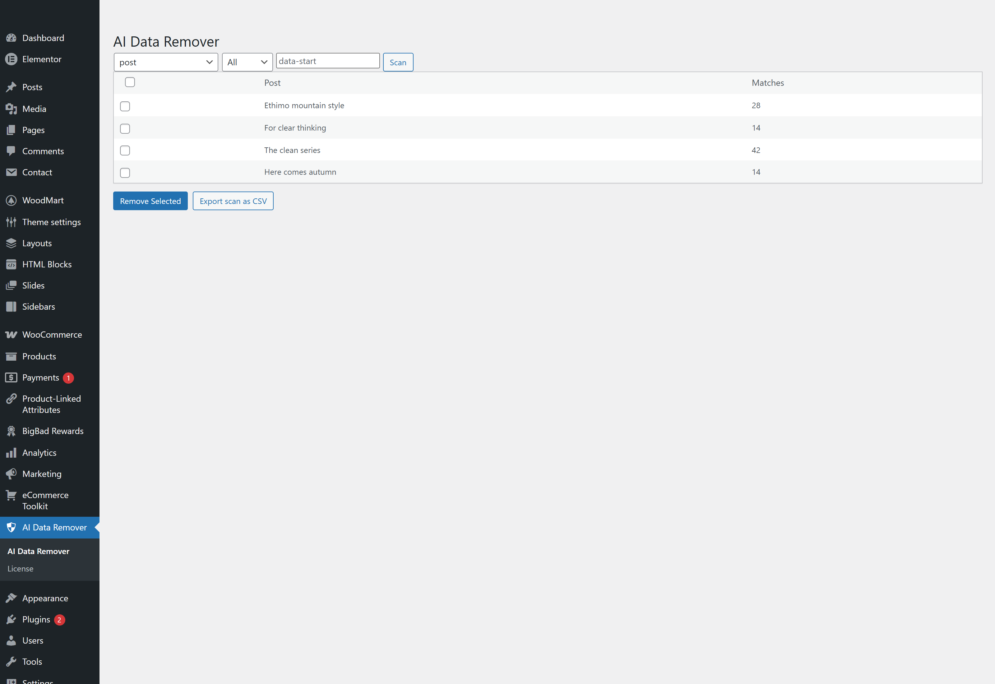 AI Data Remover — SEO Cleanup Tool — plugin screen
