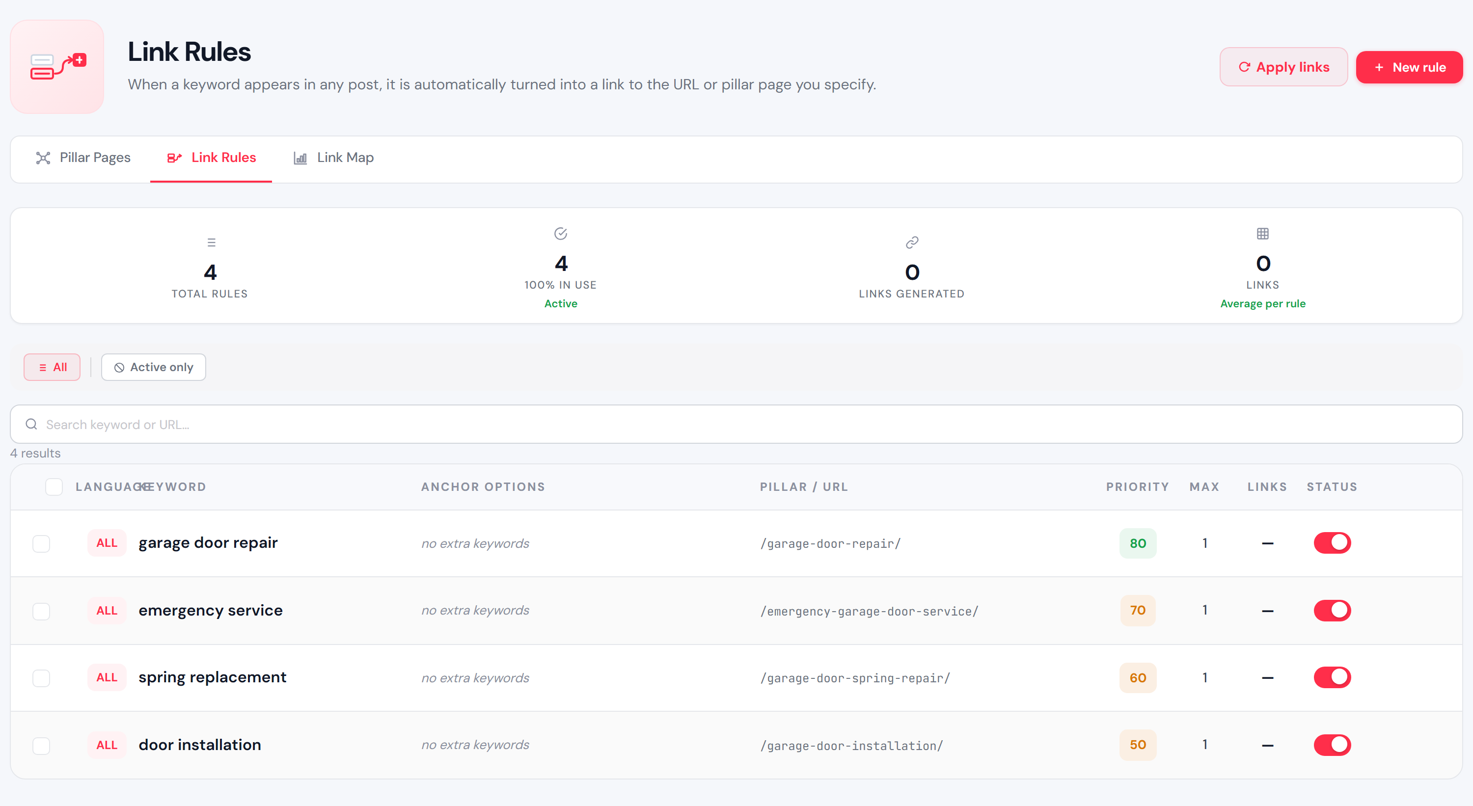 BBA Internal Link Machine — plugin screen