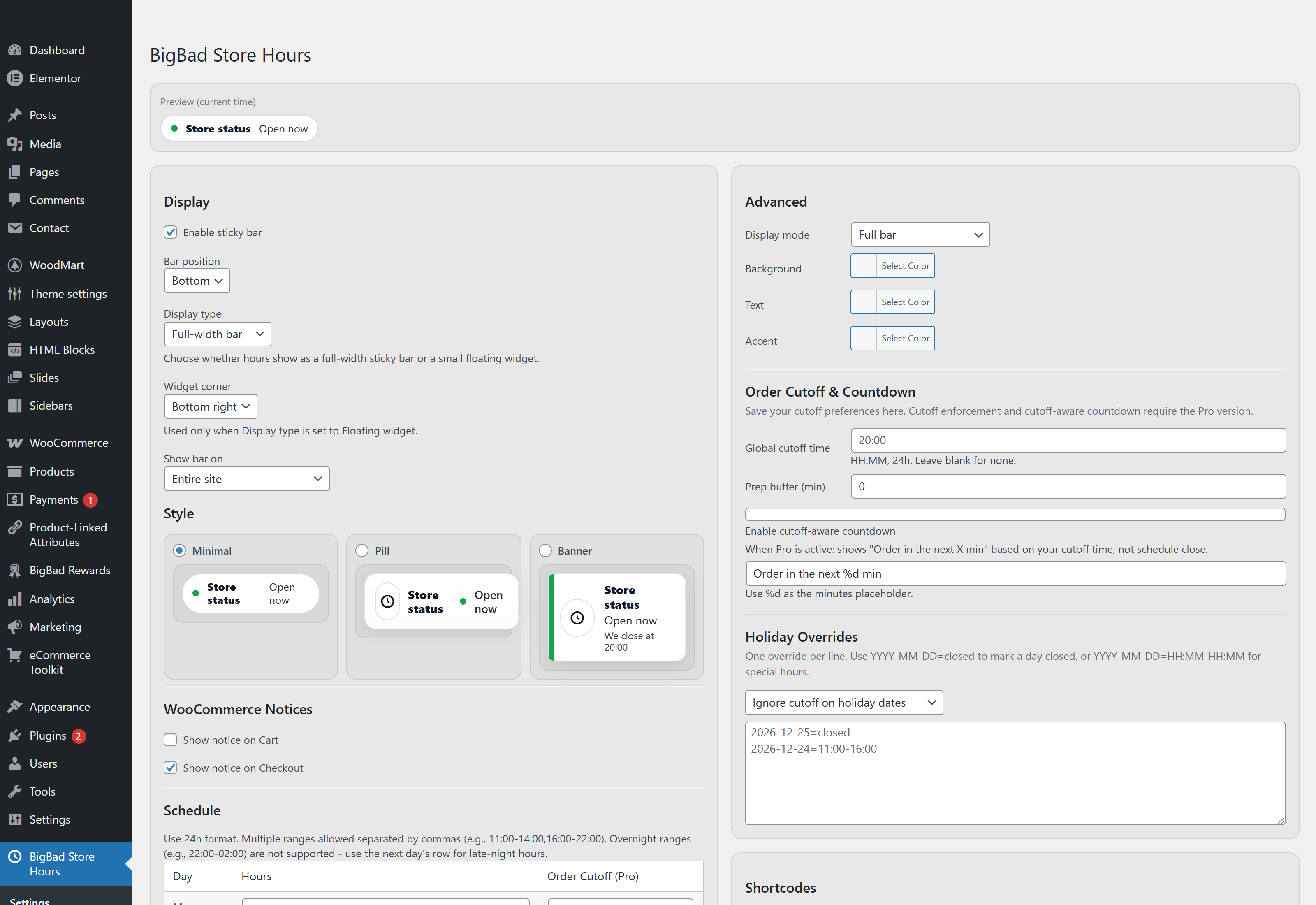 Store Hours — plugin screen